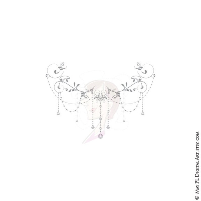 May include: A silver-colored decorative design with a floral motif and dangling chains of beads and diamonds.