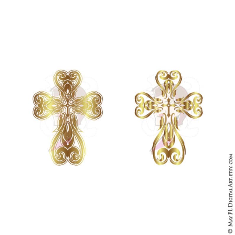 May include: Two gold ornate crosses with a heart-shaped design. The crosses are detailed with swirls and flourishes.