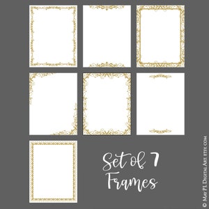 May include: Set of seven gold ornate frames with a white background. The frames are in different styles and sizes. The text "Set of 7 Frames" is written in black cursive at the bottom of the image.