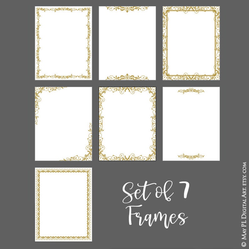 May include: Set of seven gold ornate frames with a white background. The frames are in different styles and sizes. The text "Set of 7 Frames" is written in black cursive at the bottom of the image.