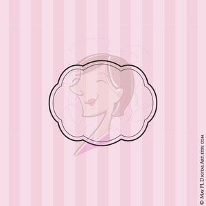 May include: A cartoon illustration of a woman with short brown hair, smiling, inside a black cloud-shaped frame. The background is pink with vertical white stripes.