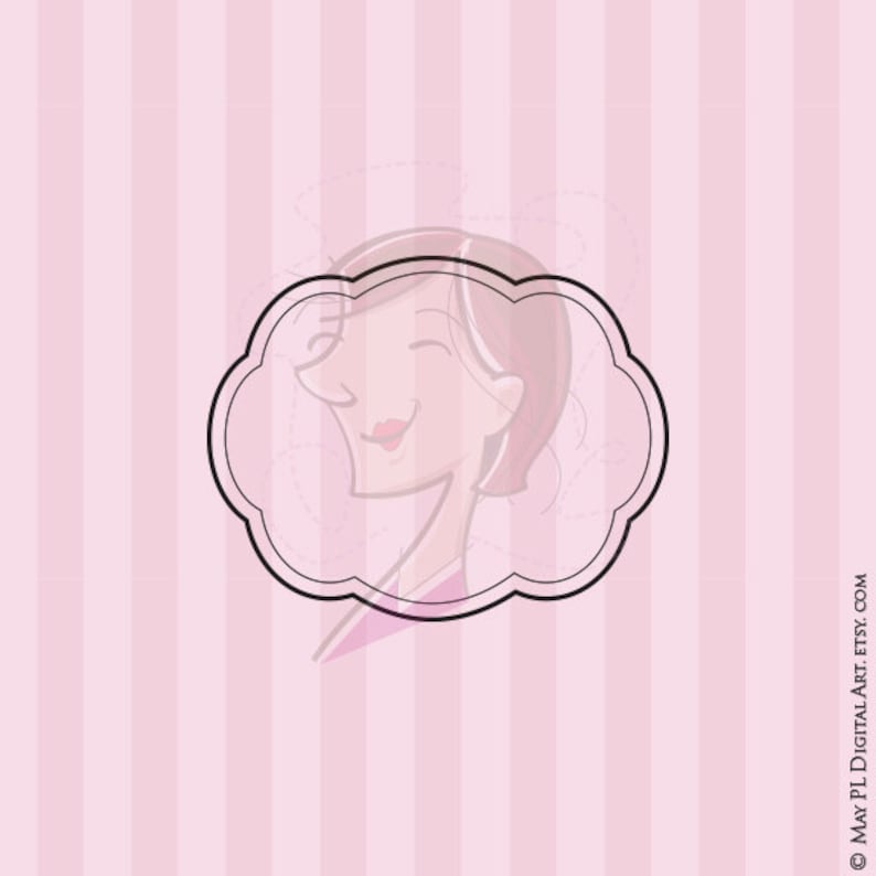 May include: A cartoon illustration of a woman with short brown hair, smiling, inside a black cloud-shaped frame. The background is pink with vertical white stripes.