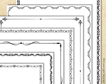 Thin Simple Borders Black Digital Page Frame Clipart - DIY Certificate Award Diploma Document, Flourish Swirls Ornate Design 11031