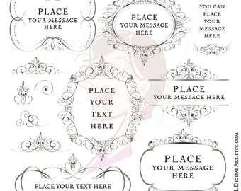 Silver Clip Art Decorative Frames - Swirls and Flourishes Designs perfect for Wedding Invitations, Craft, Scrapbook, Business Branding 10657