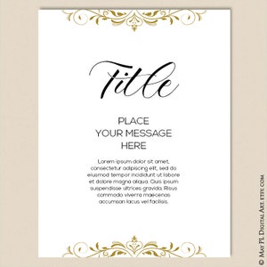 May include: A printable template with a gold floral design at the top and bottom. The text "Title" is in a large, elegant font. The text "Place Your Message Here" is in a smaller font. The text "Lorem ipsum dolor sit amet, consectetur adipiscing elit, sed do eiusmod tempor incididunt ut labore et dolore magna aliqua. Quis ipsum suspendisse ultrices gravida. Risus commodo viverra maecenas accumsan lacus vel facilisis." is in a smaller font.
