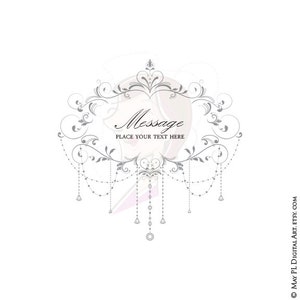 May include: A printable digital design featuring a silver ornate frame with a chandelier design and the text "Message Place Your Text Here".