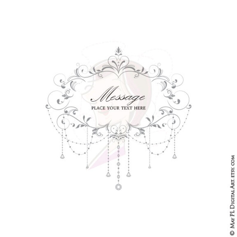 May include: A printable digital design featuring a silver ornate frame with a chandelier design and the text "Message Place Your Text Here".