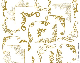 Gold Fancy Corners Digital Clipart, Unique Design Elements - Heritage Floral Flourishes Ornate Document Decoration, Vintage Craftwork 11035