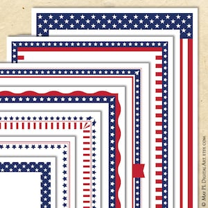 May include: Set of six printable patriotic borders featuring red, white, and blue stars and stripes. The borders are perfect for adding a festive touch to your crafts, invitations, or other projects.