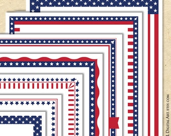 Blue Red Fourth Of July Digital Frames Clipart, Independence Day 8x11 Borders DIY Invitation, Page Clip Art Instant Download 10834
