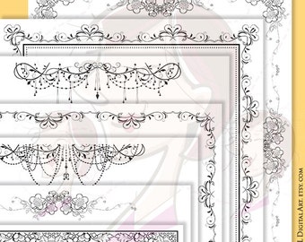 May include: A collection of black and white digital border designs. The borders feature floral and ornamental patterns, including delicate vines, flowers, and beaded elements. The designs are arranged on a white background, with a yellow border on the right side.