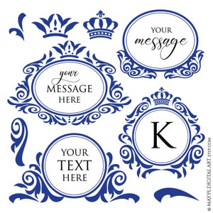 Logo monogramma cerchio cornice digitale ovale blu reale - retro pagina decorazione fiorire Clip Art, foglia di corona reale, grafica artigianale vintage 10902