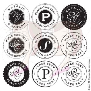 May include: Nine black and white circular stamp designs with different text and initials. The text includes "Place Own Text", "Place Text", "Natalie & Joseph", and "Steinhausen".