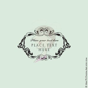 May include: An ornate, black and white decorative frame with the text "Place your text here" and "Place text here" on a light green background. The frame has a detailed, swirling design.