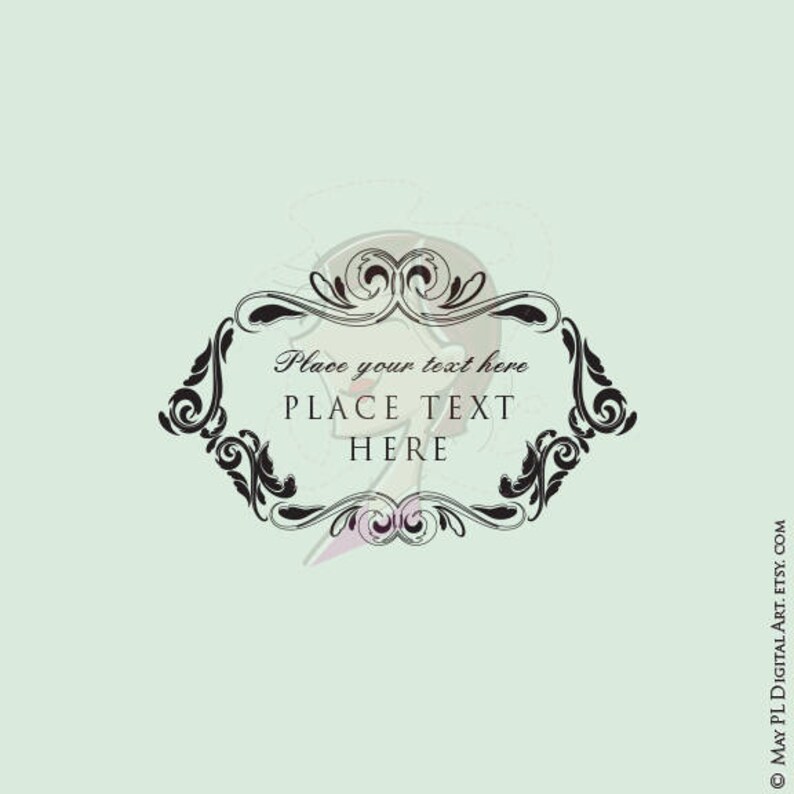May include: An ornate, black and white decorative frame with the text "Place your text here" and "Place text here" on a light green background. The frame has a detailed, swirling design.