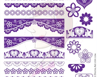 Purple Floral Border Heart Bird Digital Download Business Clip Art Commercial Use Page Decoration Vector Decorative Flowers Images 10743