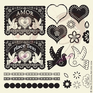 Papel Picado Digital Clip Art Banner Liebe Herzen Vogel Blumen Blumen ausgebogt Spitze Bordüren Design Elemente Vintage VEKTOR DIY Hochzeit 10219