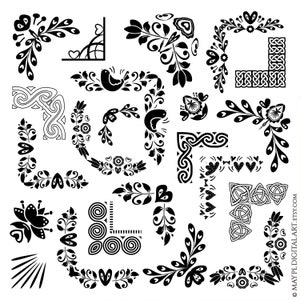 Cornice di confine angoli arte popolare scandinava nordico celtico nero clipart digitale - cuore fiorire uccelli elementi di design 10885
