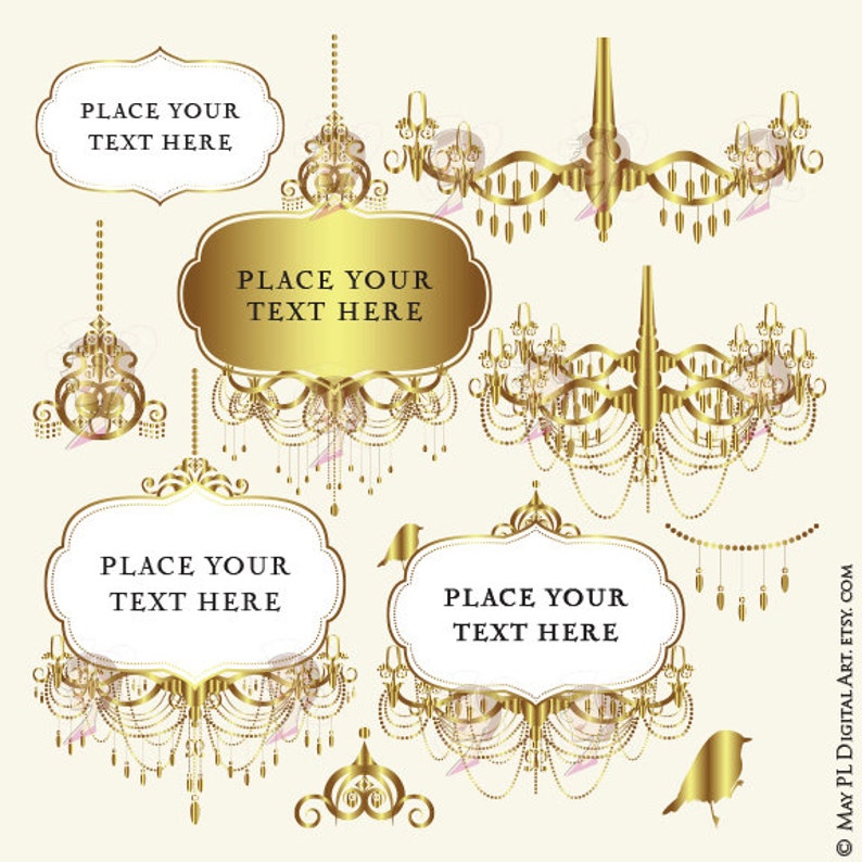 Gold Digital Frames Chandelier Candelabrum Ornate Antique VECTOR Frame Decorative Elegant Classic DIY Wedding Png File Clipart Set 10394 image 1