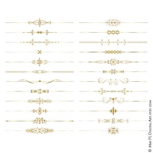 May include: A set of 10 gold decorative dividers, perfect for adding a touch of elegance to your digital designs. Each divider features a unique ornate design, ranging from simple lines to intricate swirls.