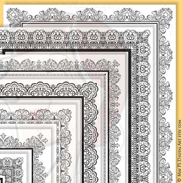 8x11 Certificate Border Frames VECTOR Clip Art Vintage Diplomas Award Document Lace Decorative Borders Digital Vertical Page Frames 10049