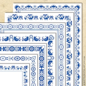 Bordi della pagina Certificato di matrimonio scandinavo blu Arte popolare Clip Art - Documento nordico 8x11 Disegni di uccelli, volpi, fogliame, ghirlanda floreale 10996
