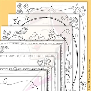 May include: Set of five black and white printable doodle frames with various designs, including hearts, stars, birds, flowers, and an owl. The frames are perfect for adding a whimsical touch to your projects.