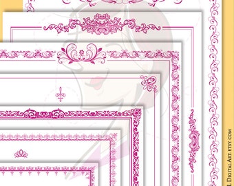 Pink Invitation Border Clipart - 8x11 Fuschia Page Borders Frame great as Certificate Award, Diploma, Business Graphics 10213