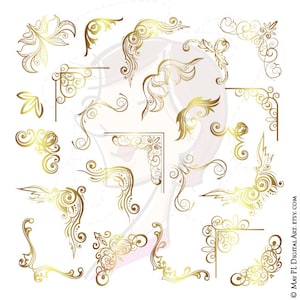 Peut inclure: Un ensemble de 24 motifs de coins décoratifs dorés. Les motifs sont complexes et présentent des volutes, des fioritures et des feuilles. Ces motifs peuvent être utilisés pour le scrapbooking, la fabrication de cartes et d'autres travaux manuels.