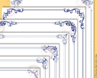 Navy Blue Borders and Frames 8x11 - Decorative Border Corner Clipart great for making Wedding Invitations, Certificates, Awards 10753