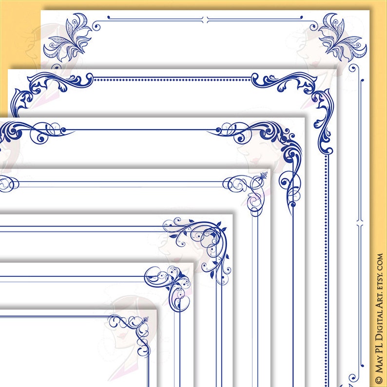 Navy Blue Borders and Frames 8x11 Decorative Border Corner Clipart great for making Wedding Invitations, Certificates, Awards 10753 image 1