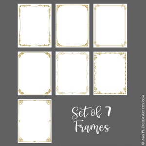 May include: Set of seven gold ornate frames with a white background. The frames are all different designs and are perfect for adding a touch of elegance to any project.