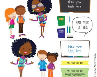 May include: Illustration of a teacher and students in a classroom setting. The teacher is a Black woman with curly hair, wearing glasses and a colorful dress. She is holding a book. There are three students, two girls and a boy, all with different skin tones. The students are standing in a line, looking at the teacher. There are two blank signs in the image, one black and one white, with the text "Place your text here" on each. There is also a speech bubble with the text "Place your text here".