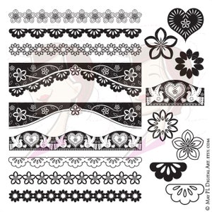 Papel Picado Borders Digital Clip Art Mexikanische Design Elemente VEKTOR Liebe Herzen Blumen Blumen Ausbogungen Spitze Schwarz DIY Hochzeit 10222