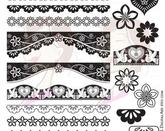 Papel Picado Borders Digital Clip Art Mexican Design Elements VECTOR Love Hearts Floral Flowers Scalloped Lace Black DIY Wedding 10222