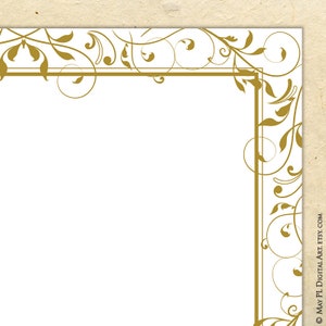 May include: A gold decorative border with a white background. The border is made up of intricate swirls and leaves.