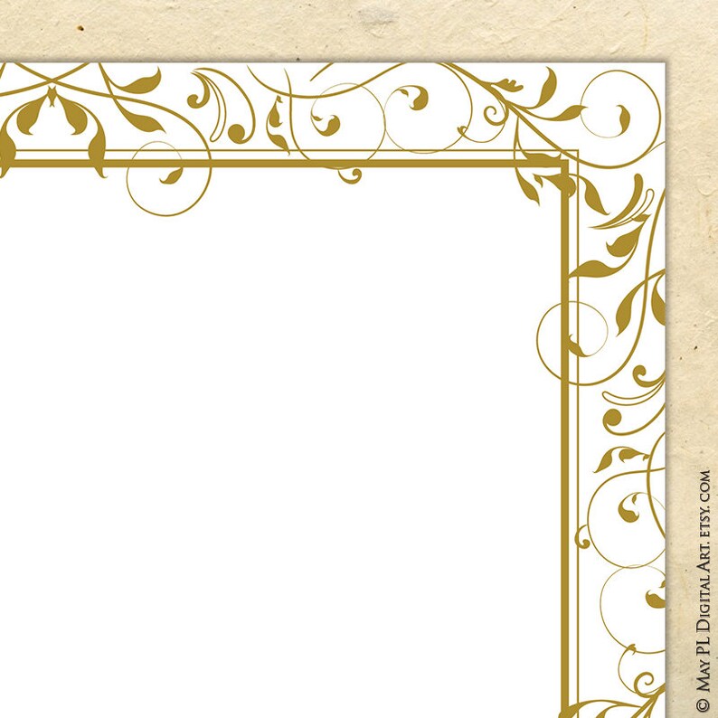 May include: A gold decorative border with a white background. The border is made up of intricate swirls and leaves.