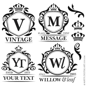 May include: Four black and white monogram logo designs with ornate frames and crowns. The logos feature the letters V, M, YT, and WL. The text "Vintage", "Place Message Text", "ESTD 1975 YOUR TEXT", and "since 2003 WILLOW & leaf" are included in the designs.