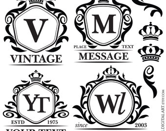 Emblem Vintage Flourish Crown Digital Frames Clipart - Black Logo Design, Business Graphics Instant Download 10764