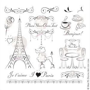 Clipart Invitation fête à thème Paris - Tour Eiffel dessinée à la main, Bonjour, caniche français, café français - tout usage commercial gratuit 10752