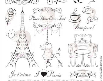 Paris Theme Party Invitation Clipart - features handdrawn Eiffel Tower, Bonjour, French Poodle, French Cafe - FREE Commercial Use 10752