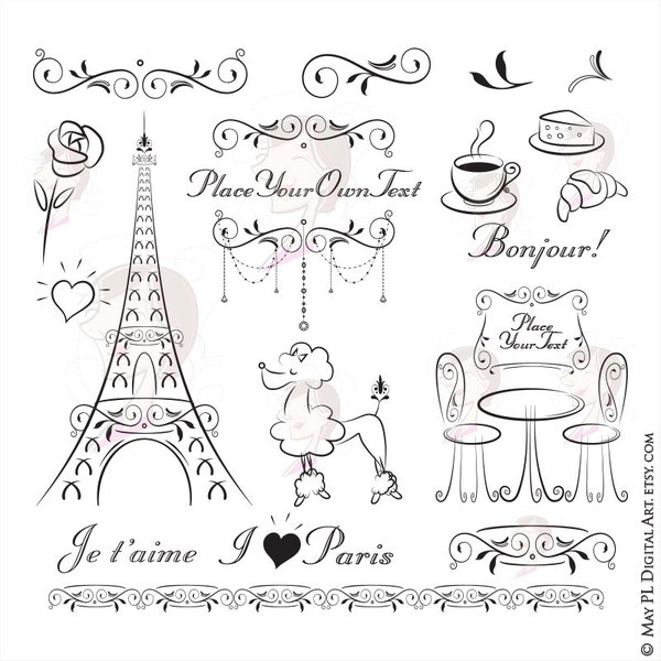 Paris Theme Party Invitation Clipart - features handdrawn Eiffel Tower, Bonjour, French Poodle, French Cafe - FREE Commercial Use 10752