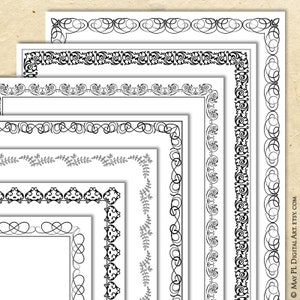 Digitale Wirbel Bordüren Retro Designs, Vintage schwarze Kalligraphie Botanicals - DIY Zertifikat Award Zertifikat Rahmen Set 7 Printable 10849