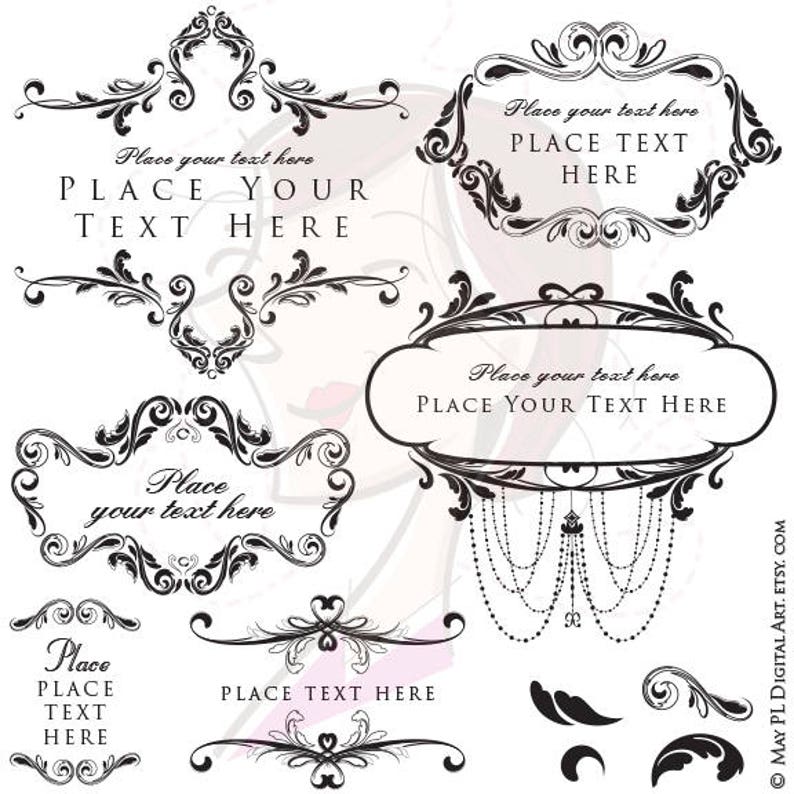 May include: A collection of black and white ornate frames and decorative elements. Each frame includes the text "Place your text here" and "PLACE YOUR TEXT HERE". The designs feature swirls, flourishes, and decorative borders, suitable for digital art or design projects.