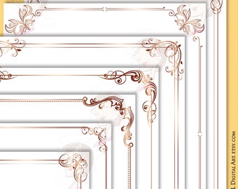 Rose Gold Borders Png Clip Art - Decorative Retro Frames complete with Flourish, Swirls, Foliage 8x11 Clipart - DIY Wedding Invitation 10001