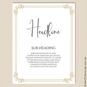 May include: A white printable template with a gold ornate border. The text "Headline" is written in a cursive font. The text "SUB-HEADING" is written in a sans-serif font. The text below the subheading is lorem ipsum text.