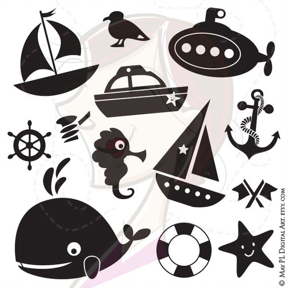 Nautical Sea Clip Art Design Elements Yacht Sailboat Submarine Boat Starfish Silhouette DIY Baby Shower Scrapbooking Commercial Use 10221