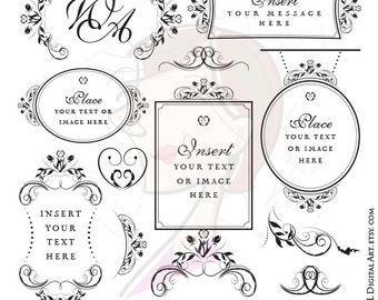 Monogram Signage Wedding Digital Floral Frame Commercial Business Use Sign Stand Flourish Swirls Bridal Rose Stamps DIY Label Tags 10604