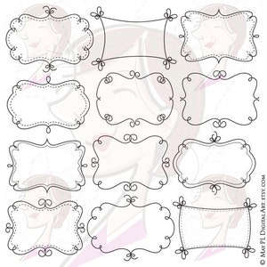 May include: Set of twelve black and white hand-drawn decorative frames with various shapes and swirls. The frames are perfect for adding a touch of elegance to any project.