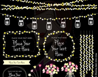 Mason Jar Lights Png - Wedding Fairy String Lights Glowing with Pink Flowers Clipart great to make Save The Date, Invitation, and more 10717